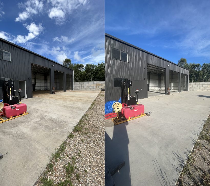 Before and after pressure cleaning a townhouse driveway